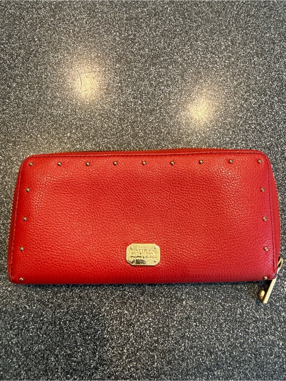 Ralph Lauren Red Pebbled Leather Zip-Around Wallet with Gold Studs